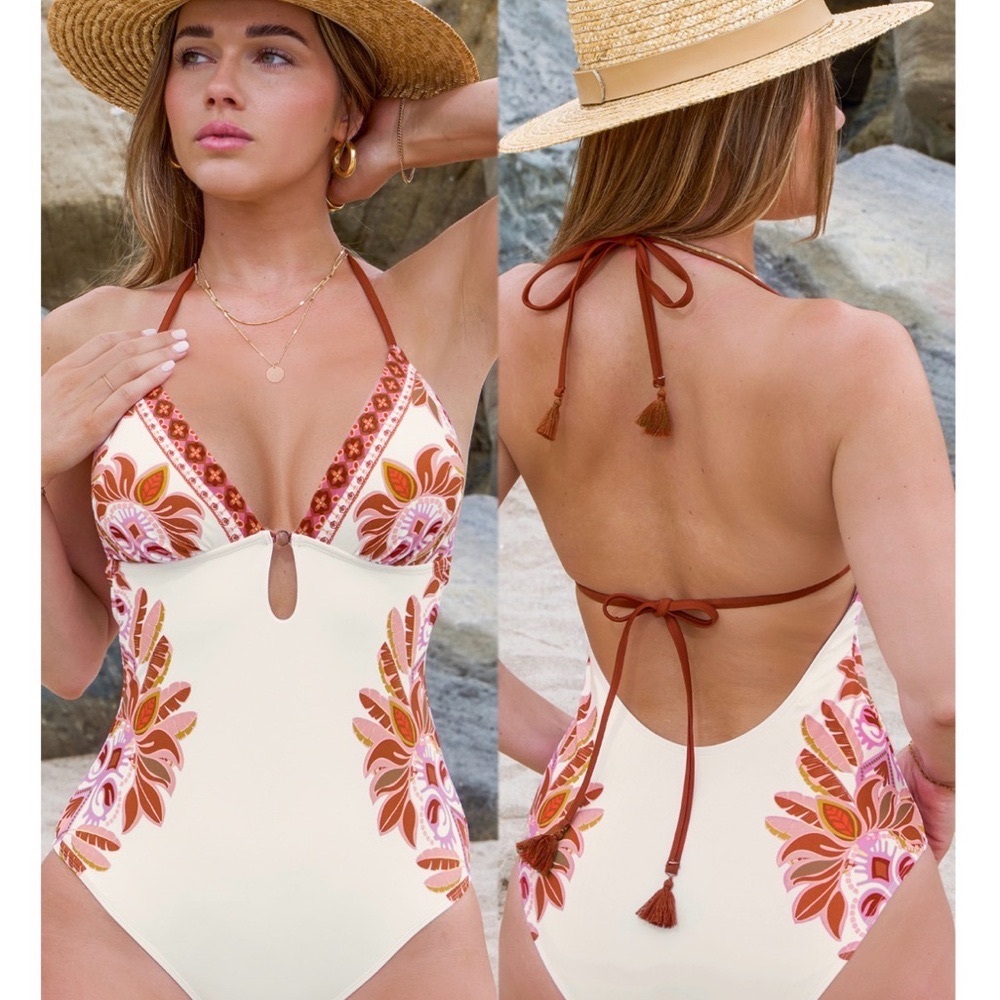 Cupshe Ornate Floral V-Neck Keyhole One Piece Swimsuit, Medium, new with tags